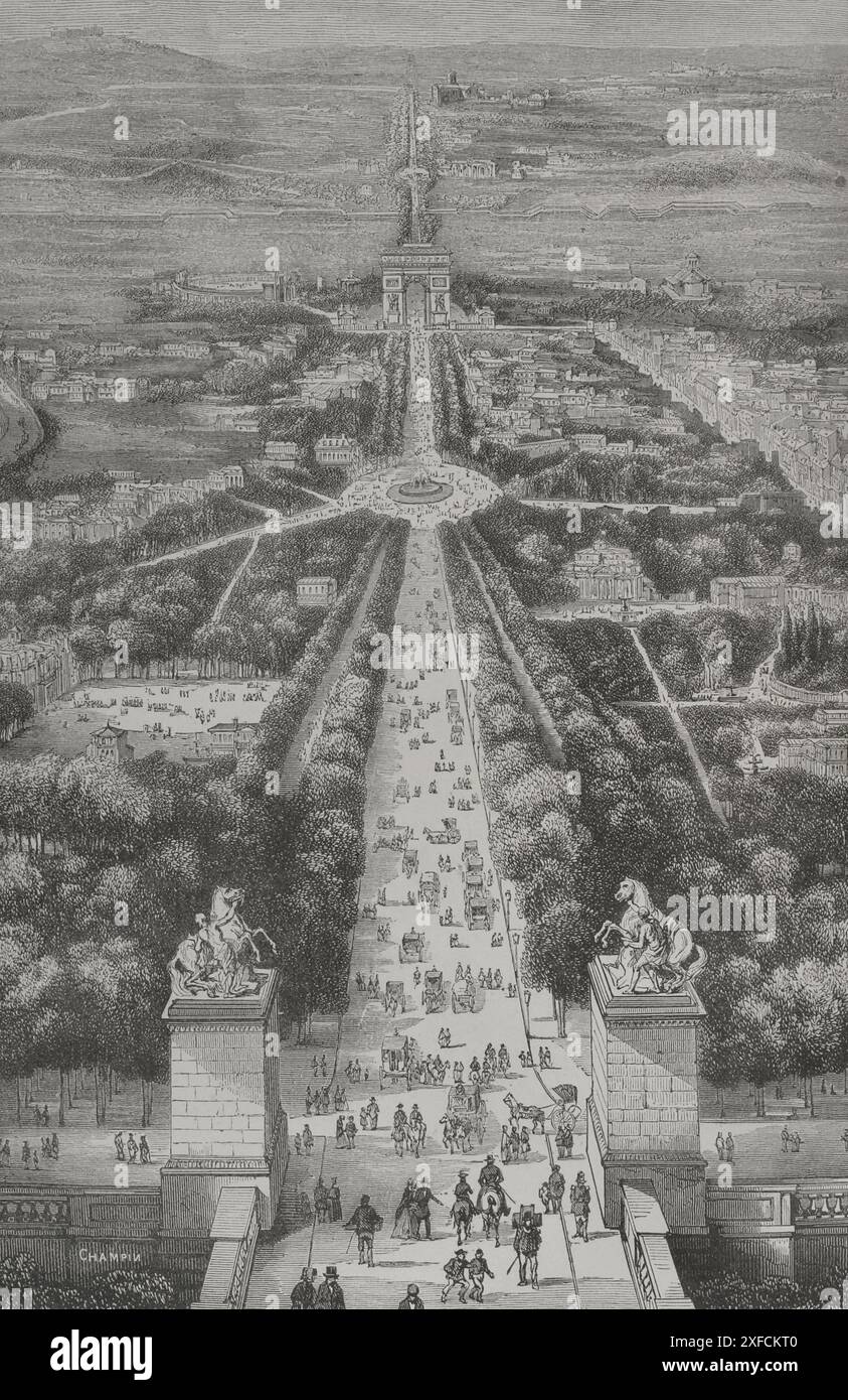 Parigi, Francia. Gli Champs-Élysées. Incisione. "Los Héroes y las Grandezas de la Tierra" (gli eroi e i magnifici della Terra). Volume VIII. 1856. Foto Stock