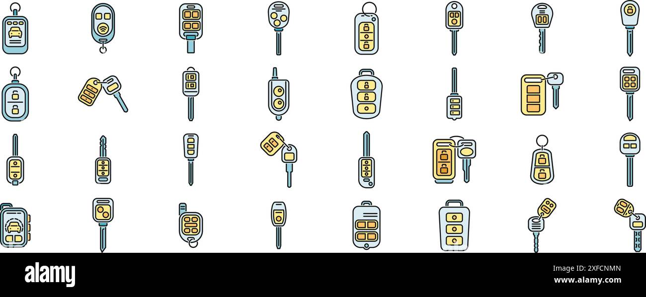 Le icone del sistema di allarme per auto impostano il vettore del contorno. Chiave della macchina. Catena portachiavi con linea sottile, colore piatto su bianco Illustrazione Vettoriale