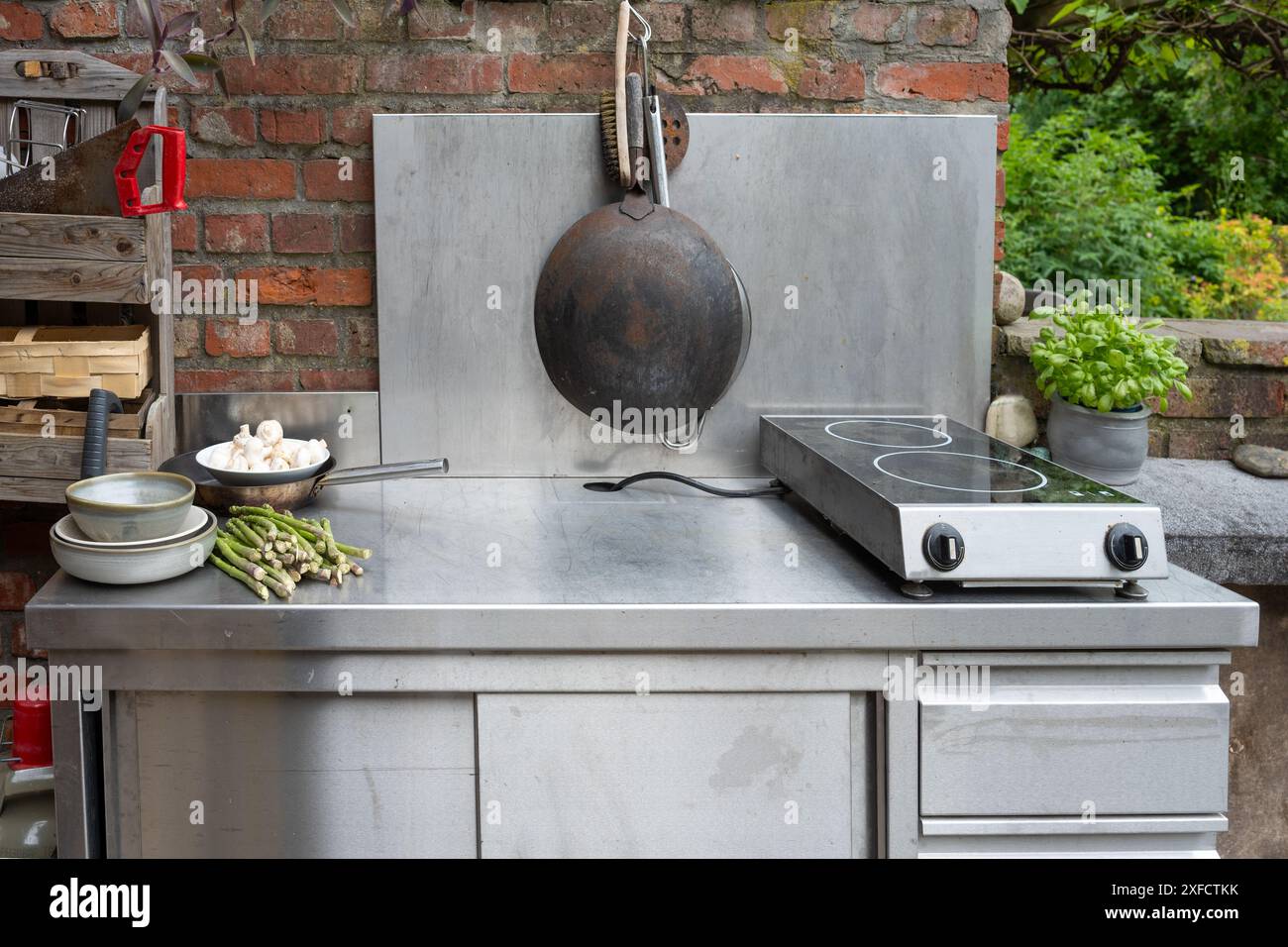 Cucina all'aperto in acciaio inox con piano cottura a induzione davanti a una parete in mattoni rustici nel cortile posteriore, cucina estiva, focus selezionato Foto Stock