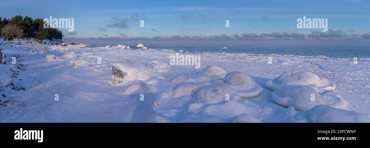 Costa innevata del Golfo di Finlandia, Estonia Foto Stock