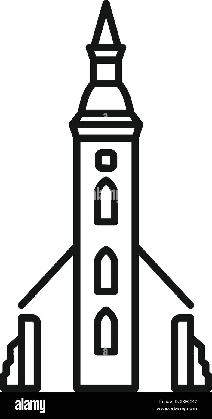 Icona d'arte di linea di un vecchio edificio del municipio europeo con una guglia e due torri Illustrazione Vettoriale