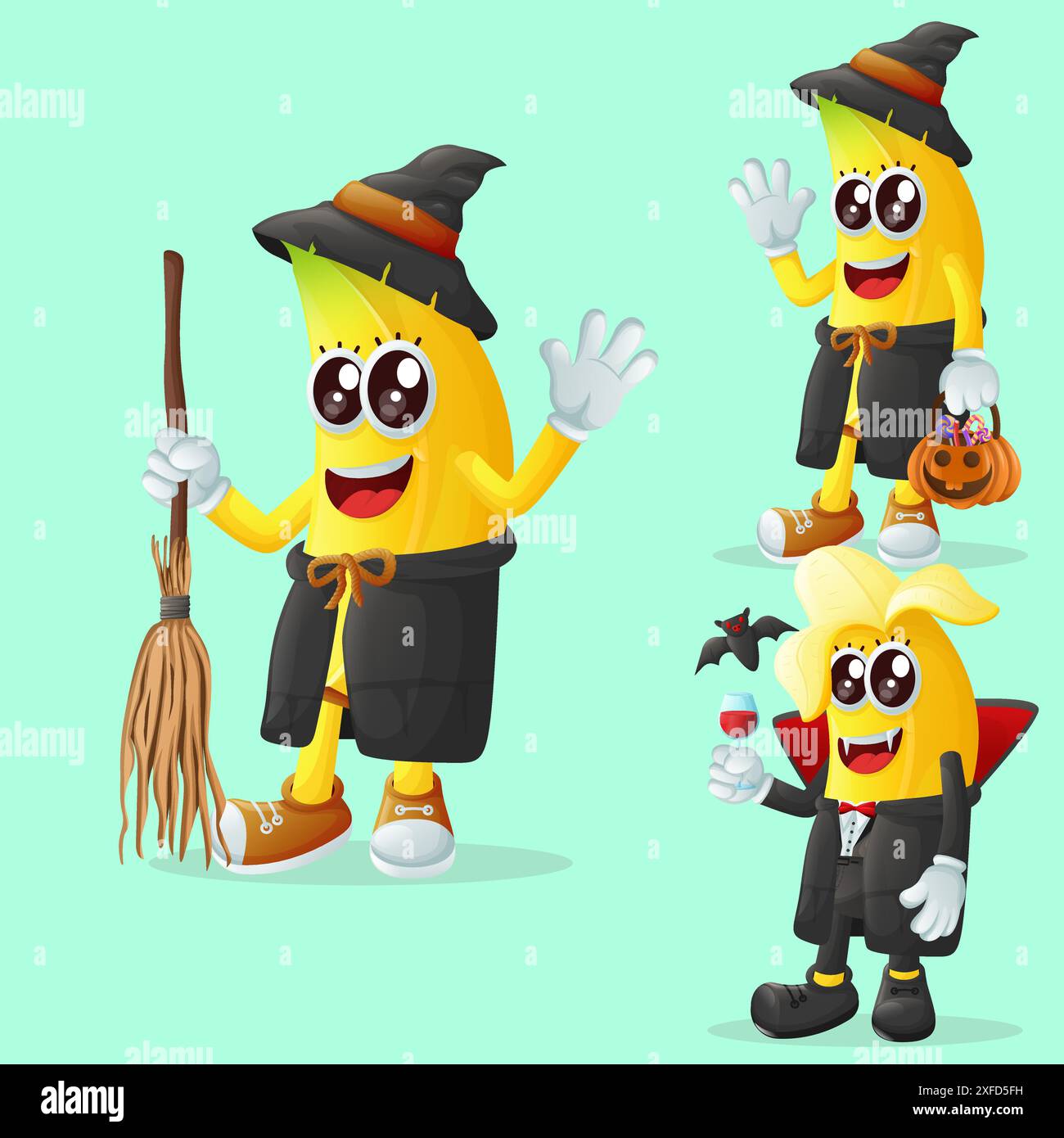 Serie di simpatici personaggi di banana ad Halloween. Perfetto per bambini, merchandising e adesivi, promozioni banner o blog Illustrazione Vettoriale