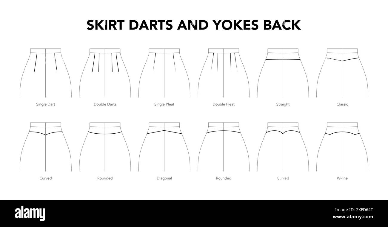 Set di modelli posteriori con gilet per gonna - singolo, doppio pieghe dritte, classico, arrotondato curvo, diagonale, illustrazione tecnica alla moda. Modello abbigliamento piatto. Donne, uomini unisex CAD mockup isolato Illustrazione Vettoriale