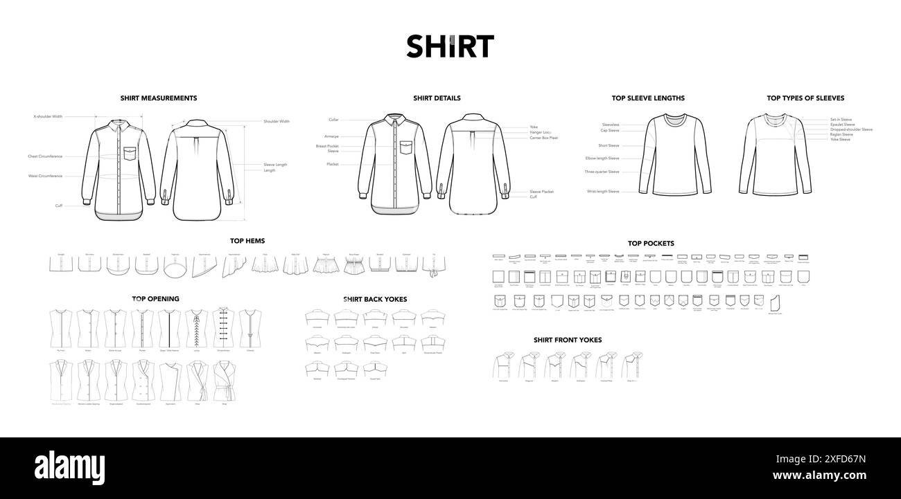 Set di dettagli camicia Top - misure, apertura, maniche orli e tasche girevoli illustrazione tecnica alla moda. Modello abbigliamento piatto. Donne, uomini, CAD unisex, mockup isolato su sfondo bianco Illustrazione Vettoriale
