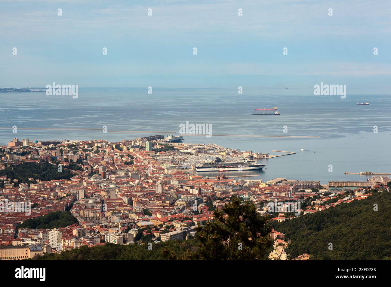 Vista aerea della città di Trieste e del porto per le navi, grandi traghetti passeggeri ormeggiati nel porto Foto Stock