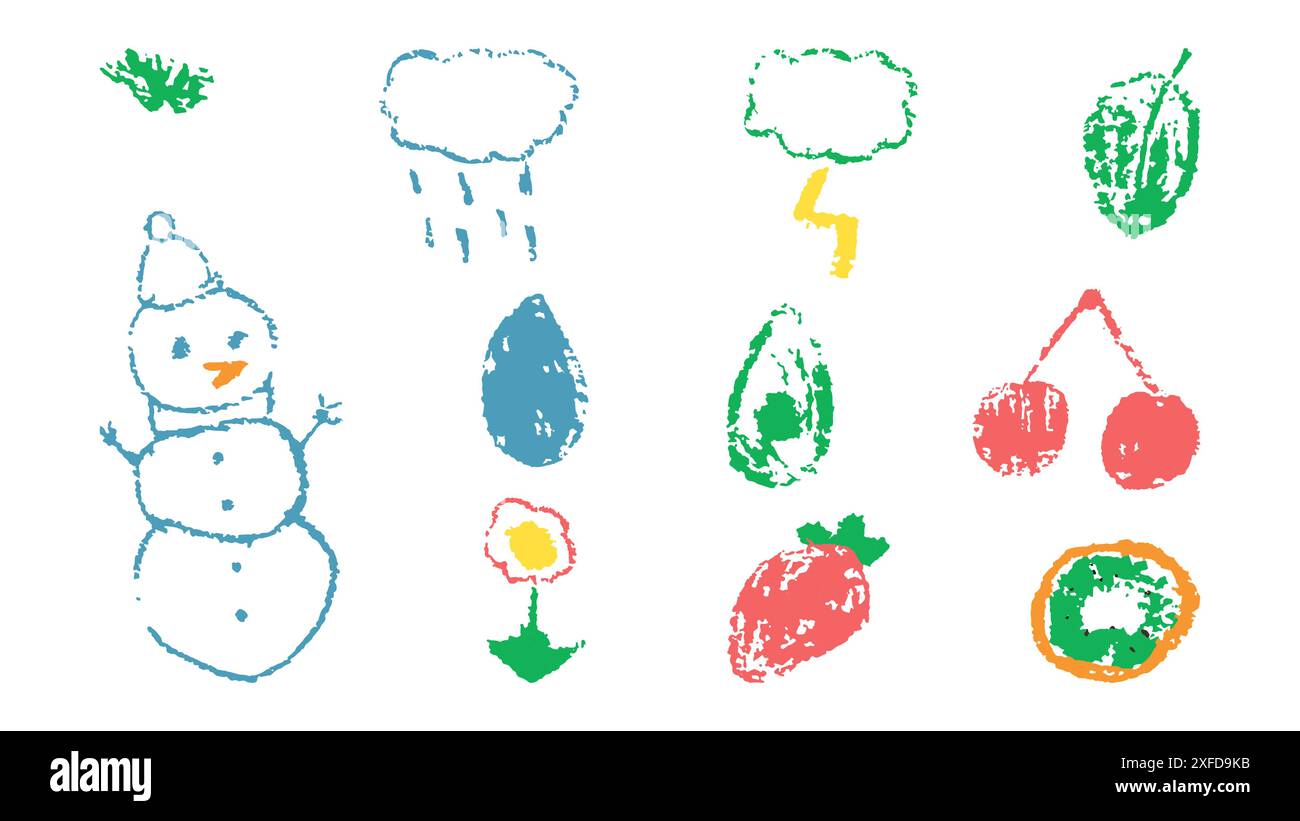 Scarabocchi con la consistenza del gesso di cera. Imposta elementi che imitano il disegno figlio. Le nuvole di bacche di pupazzo di neve. Scarabocchi forme astratte. Illustrazione vettoriale. Illustrazione Vettoriale