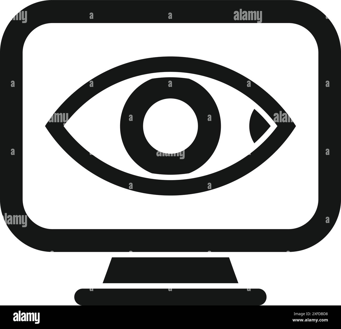 Semplice icona di un monitor di computer che visualizza un grande occhio, che rappresenta concetti quali la sorveglianza online e la privacy dei dati Illustrazione Vettoriale