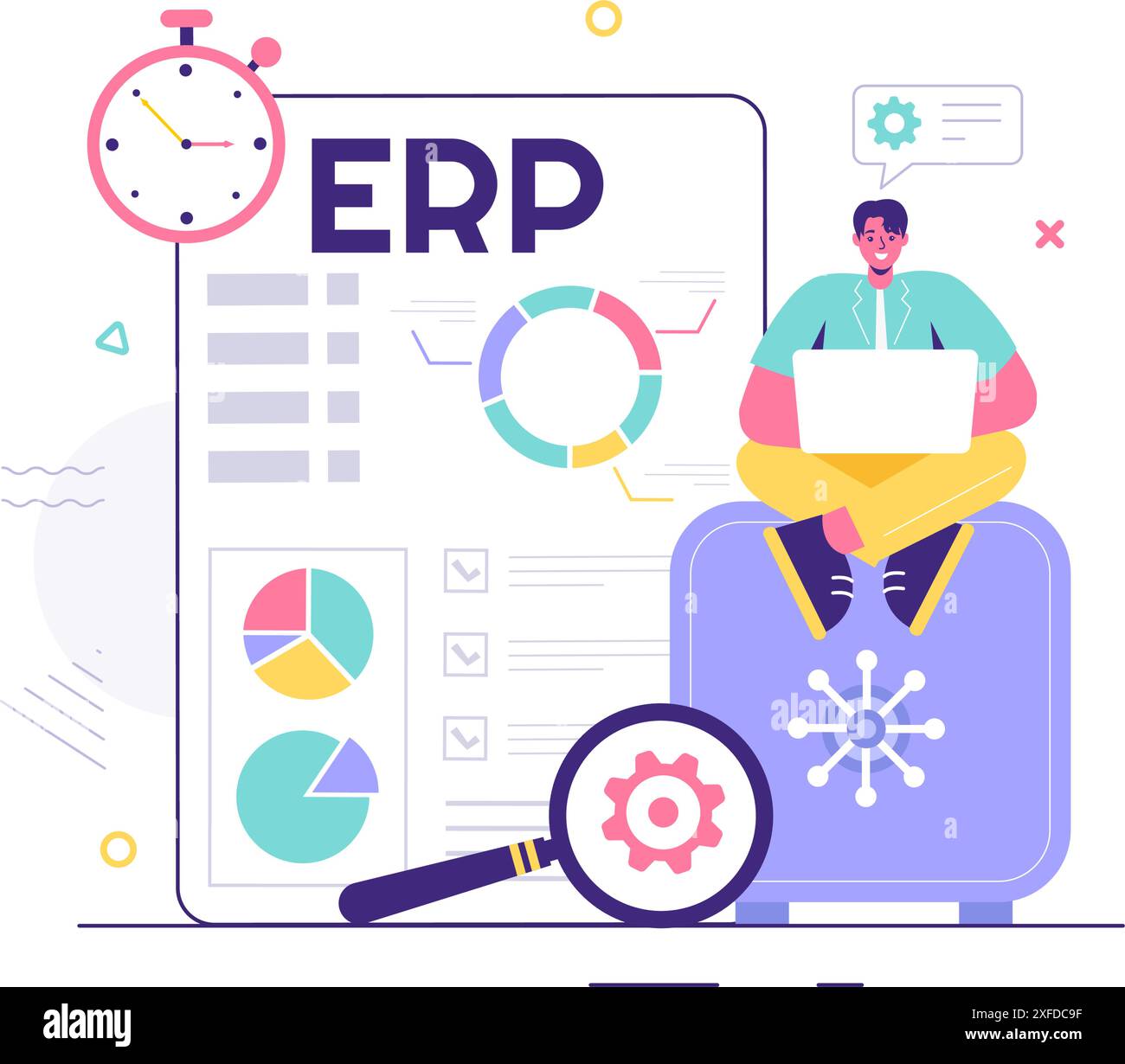 Illustrazione vettoriale del sistema di pianificazione delle risorse aziendali ERP con integrazione aziendale, produttività e miglioramento aziendale in un contesto pianeggiante Illustrazione Vettoriale