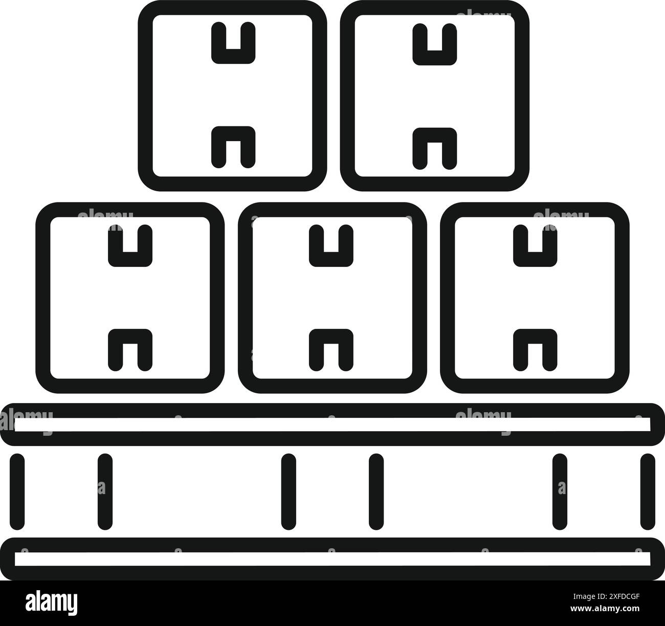 Icona line art delle scatole di cartone sullo scaffale per pallet che simboleggia lo stoccaggio organizzato del magazzino Illustrazione Vettoriale