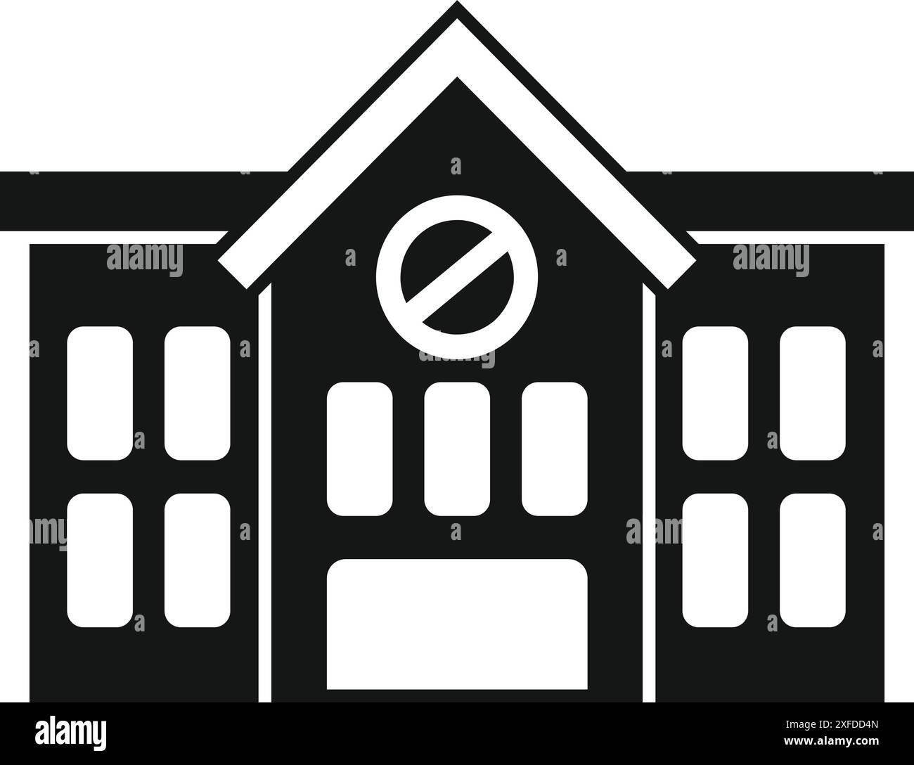 Semplice icona in bianco e nero di un edificio scolastico con un segnale di stop che ne rappresenta la chiusura Illustrazione Vettoriale