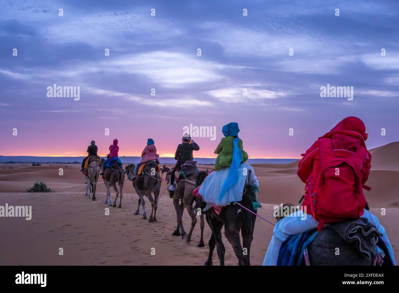 Un gruppo di viaggiatori a dorso di cammelli assiste all'alba nello splendido deserto di Merzouga in Marocco. Questa è la sezione più bella del Sahara D marocchino Foto Stock