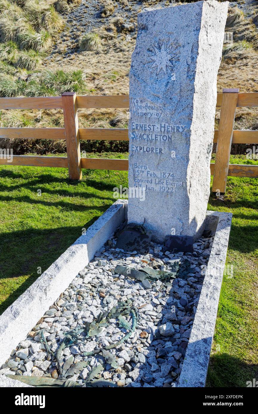 Lapide di Sir Ernest Shackleton, vecchio cimitero, Grytviken, King Edward Cove, Georgia del Sud, martedì 28 novembre 2023. Foto Stock
