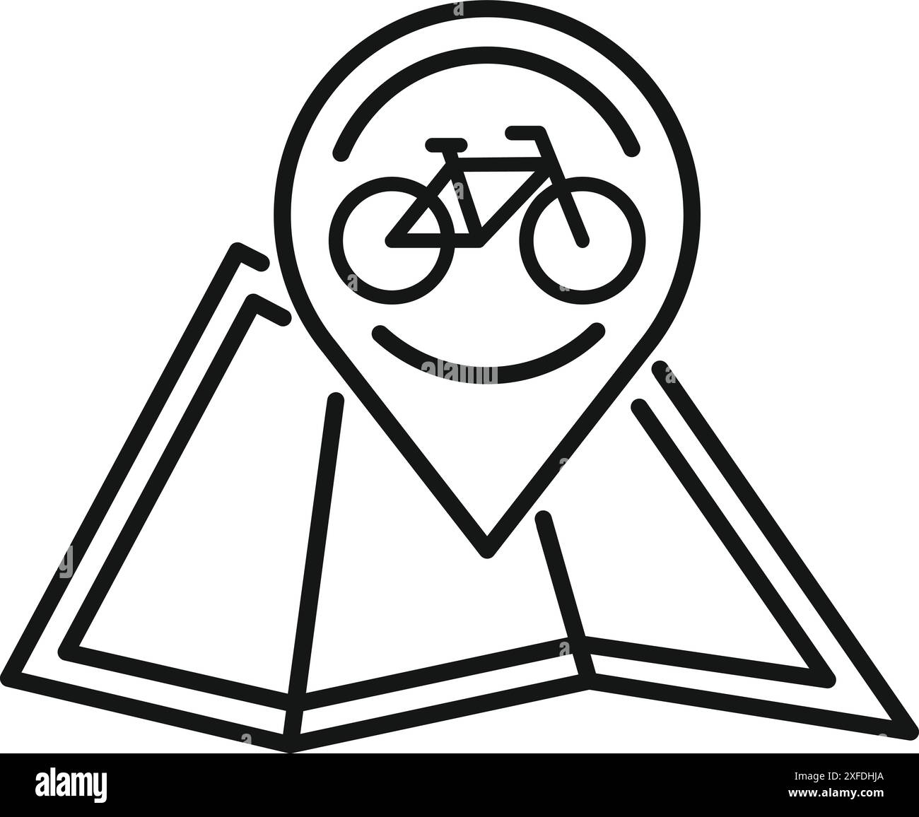 Icona della line art di una bicicletta all'interno di una spilla sulla mappa, perfetta per rappresentare i negozi di biciclette, i percorsi ciclabili o i luoghi adatti alle biciclette Illustrazione Vettoriale