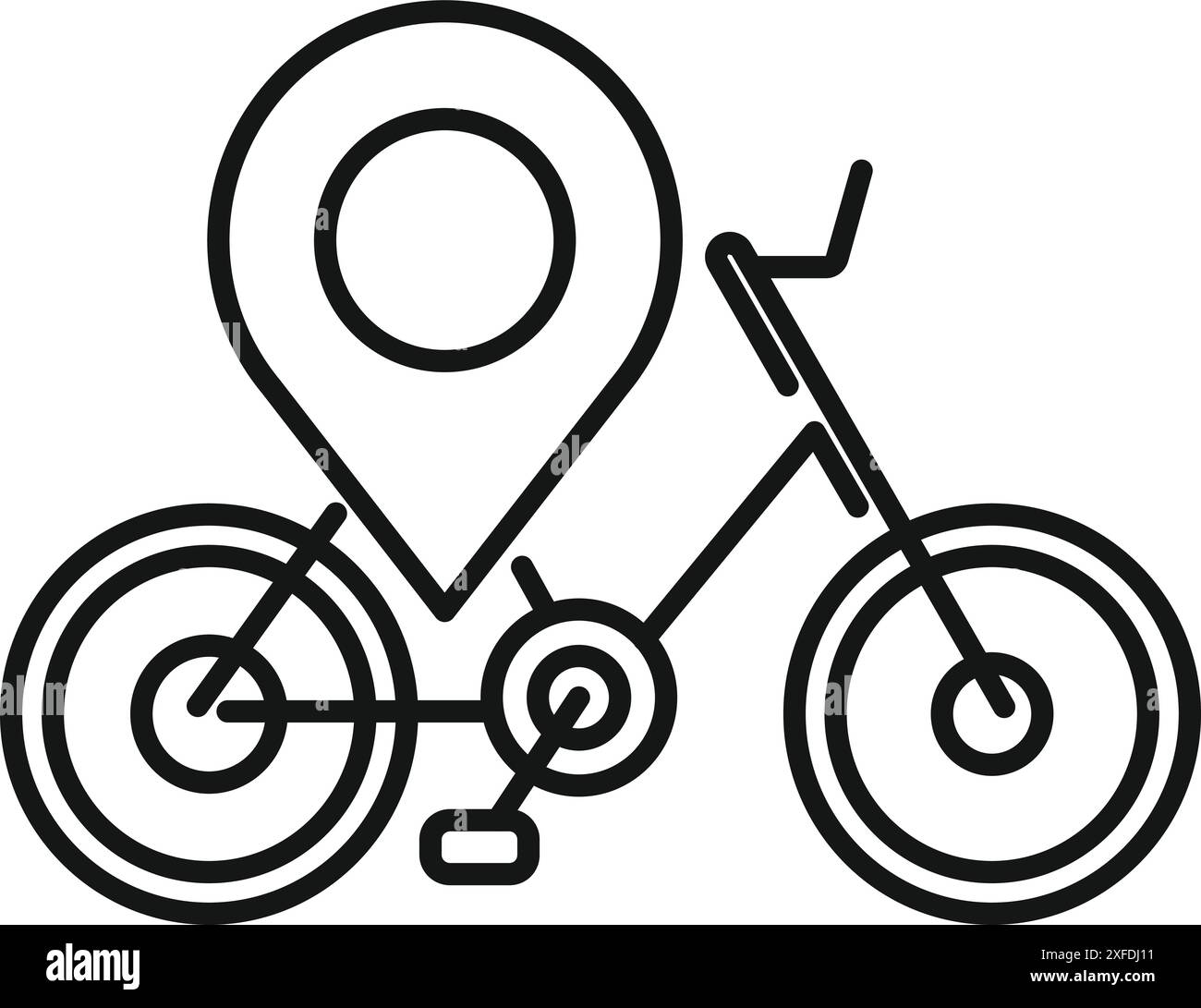 Icona della line art di una bicicletta con una spilla di localizzazione, perfetta per rappresentare il noleggio di biciclette, il trasporto in città e la navigazione Illustrazione Vettoriale