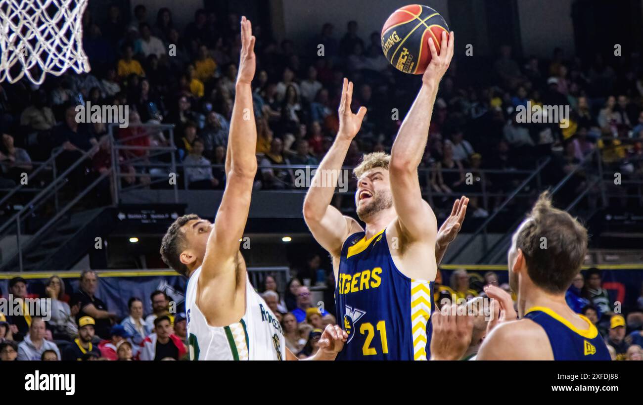 Edmonton, Canada. 1 luglio 2024. Edmonton Stinger (C) Ben Krikke (21) si alza su Saskatchewan Rattler (L) Julian Roche (32) nel 2024 azione CEBL contro i Saskatchewan Rattlers all'Edmonton Expo Centre. Punteggio finale; Saskatchewan Rattlers (5-7) 81 : 88 Edmonton Stingers (9-3) (foto di Ron Palmer/SOPA Images/Sipa USA) crediti: SIPA USA/Alamy Live News Foto Stock