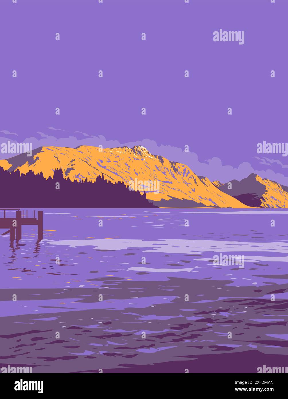 Poster art WPA del Lago Wakatipu o Whakatipu wai-maori e The Remarkables a Queenstown, Otago, Isola del Sud della nuova Zelanda realizzato nel progetto Works adm Illustrazione Vettoriale