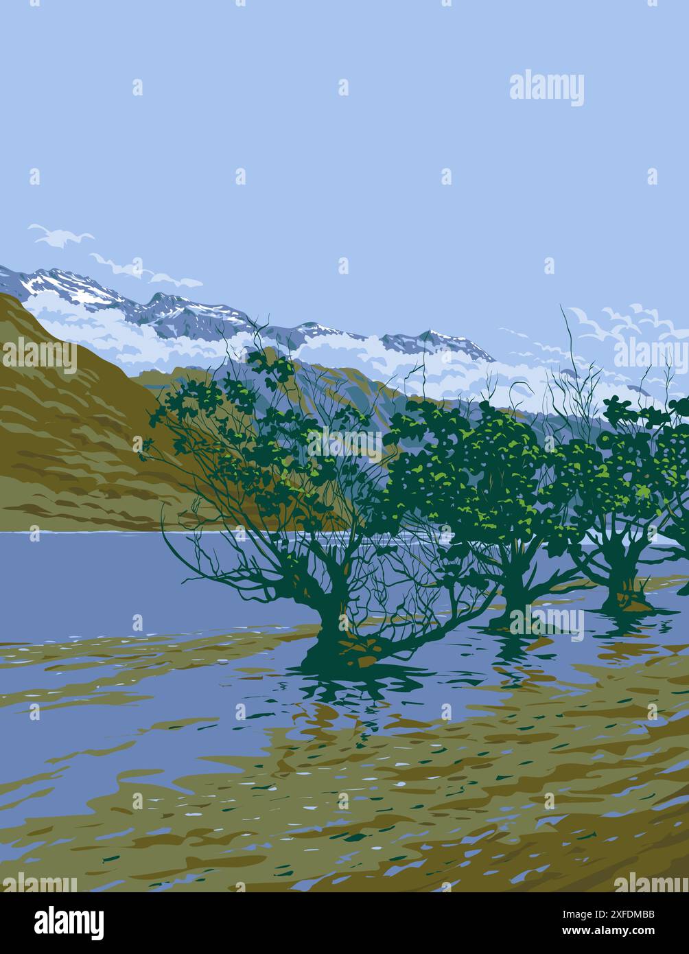 Poster art WPA del Lago Wakatipu o Whakatipu wai-maori a Glenorchy, regione di Otago, nell'Isola del Sud della nuova Zelanda, realizzato in Works project administrat Illustrazione Vettoriale