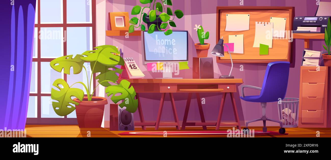 Interni per uffici domestici con mobili e attrezzature. Illustrazione vettoriale di una stanza con grande finestra, computer desktop, cassetto con documenti, stampante sullo scaffale, altoparlanti sul pavimento, vasi di fiori Illustrazione Vettoriale