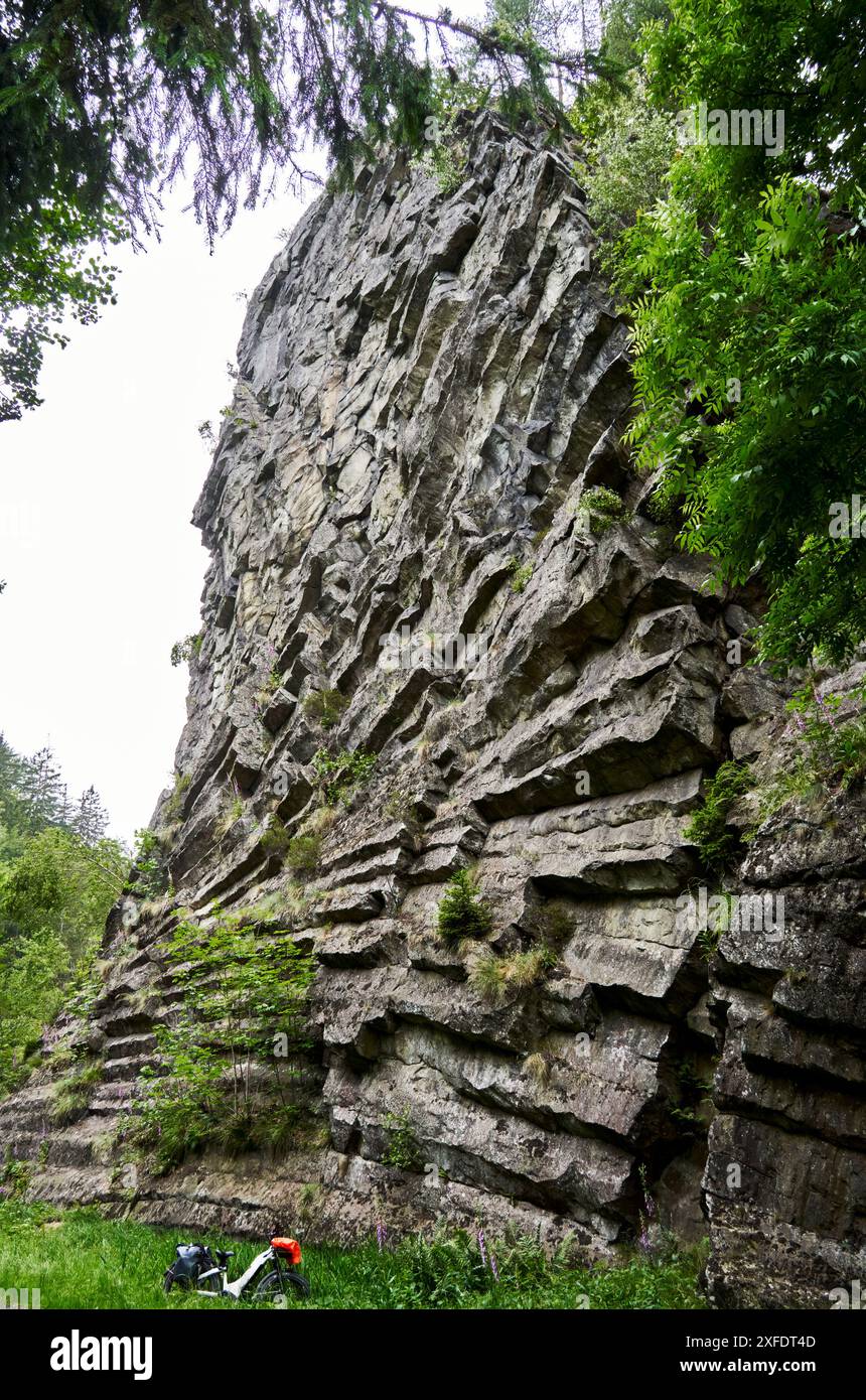 Massiccio affioramento di insoliti basalti a forma di ventaglio nel massiccio boemo, in Cechia Foto Stock