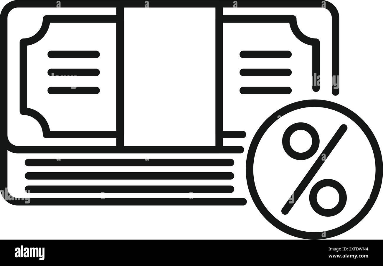 Icona grafica a linee di una pila di banconote con un simbolo percentuale, che rappresenta il concetto di tasso di interesse Illustrazione Vettoriale