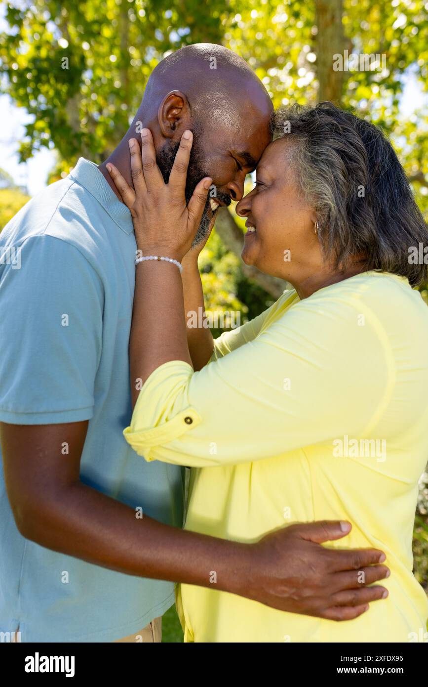 Coppia senior che abbraccia e tocca la fronte, godendosi momenti teneri all'aperto Foto Stock