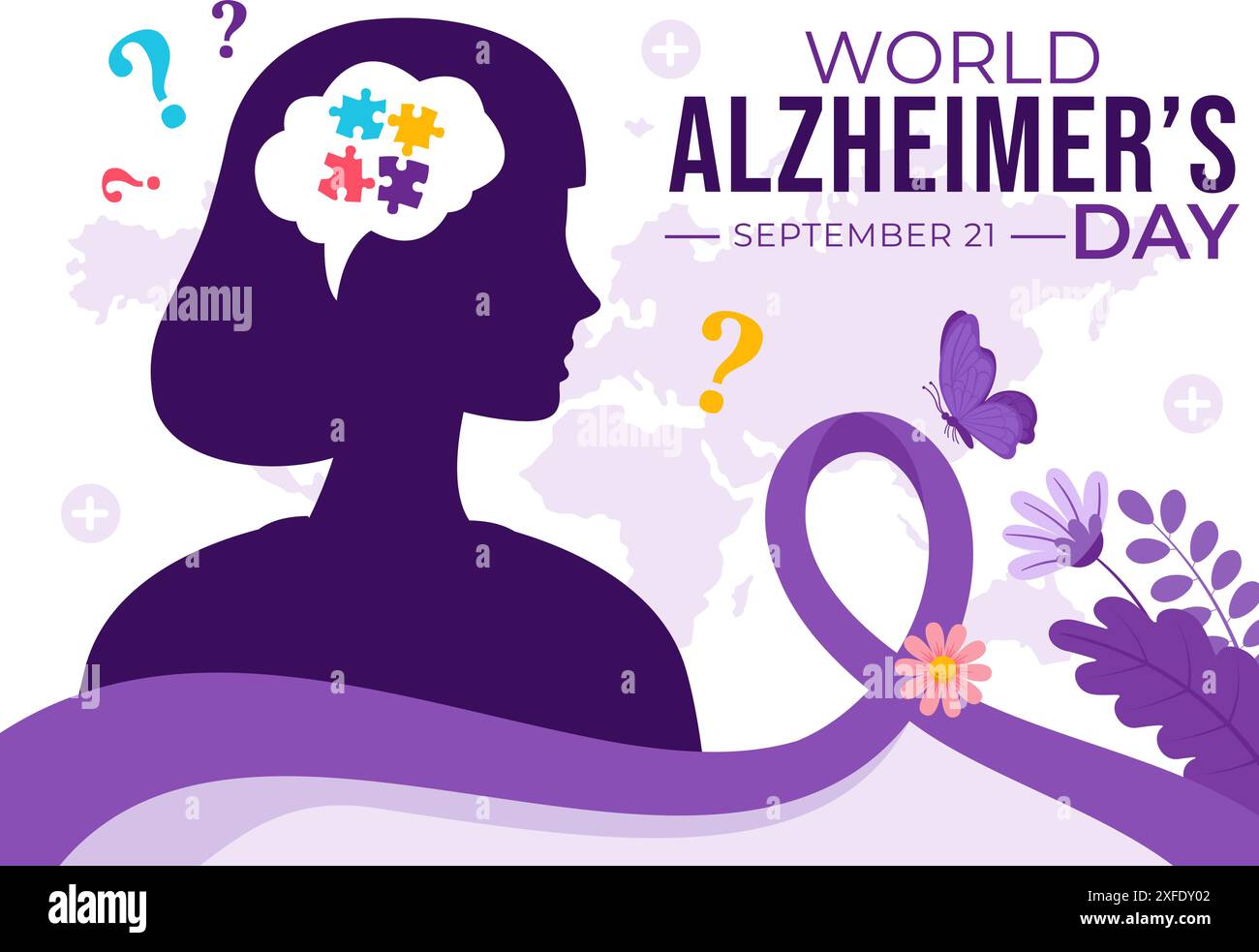 Illustrazione vettoriale della giornata mondiale dell'Alzheimer con un anziano e un puzzle di puzzle che simboleggiano i ricordi su uno sfondo piatto con nastro viola Illustrazione Vettoriale