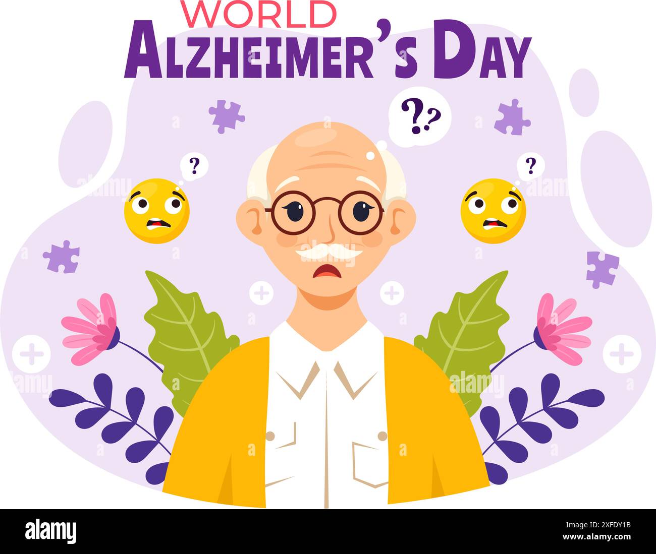 Illustrazione vettoriale della giornata mondiale dell'Alzheimer con un anziano e un puzzle di puzzle che simboleggiano i ricordi su uno sfondo piatto con nastro viola Illustrazione Vettoriale