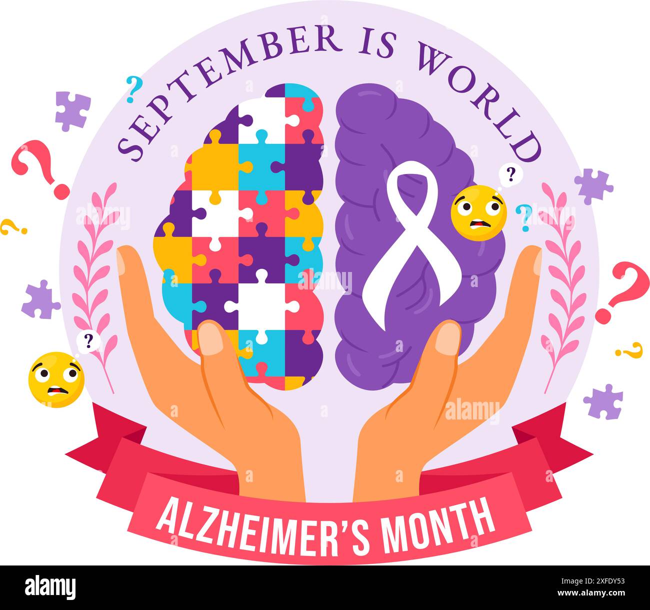 Illustrazione vettoriale della giornata mondiale dell'Alzheimer con un anziano e un puzzle di puzzle che simboleggiano i ricordi su uno sfondo piatto con nastro viola Illustrazione Vettoriale