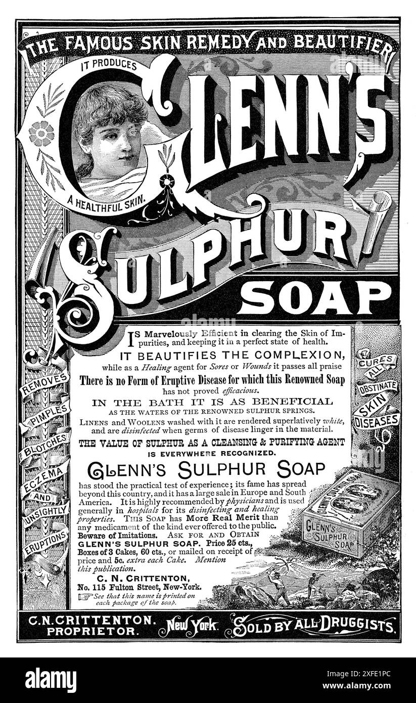 1886 pubblicità statunitense per Glenn's Sulphur Soap. Foto Stock
