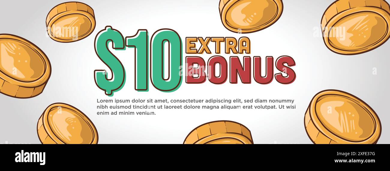 10 bonus extra modello di banner web modificabile.flying coin money. pulire l'illustrazione vettoriale del concetto di banner moderno. Illustrazione Vettoriale