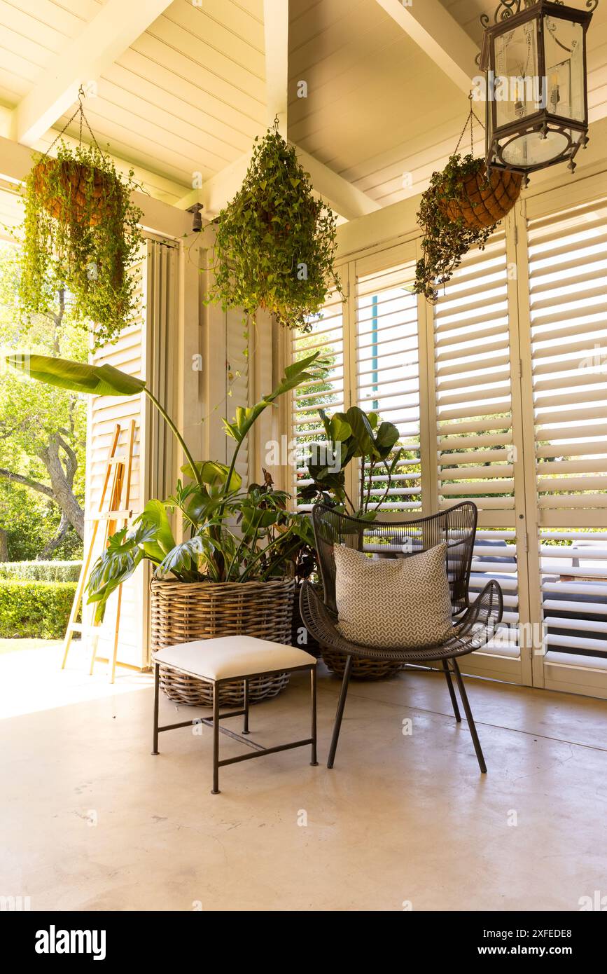Giardino interno con piante appese e sedia in vimini in una stanza illuminata dal sole, spazio fotocopie Foto Stock