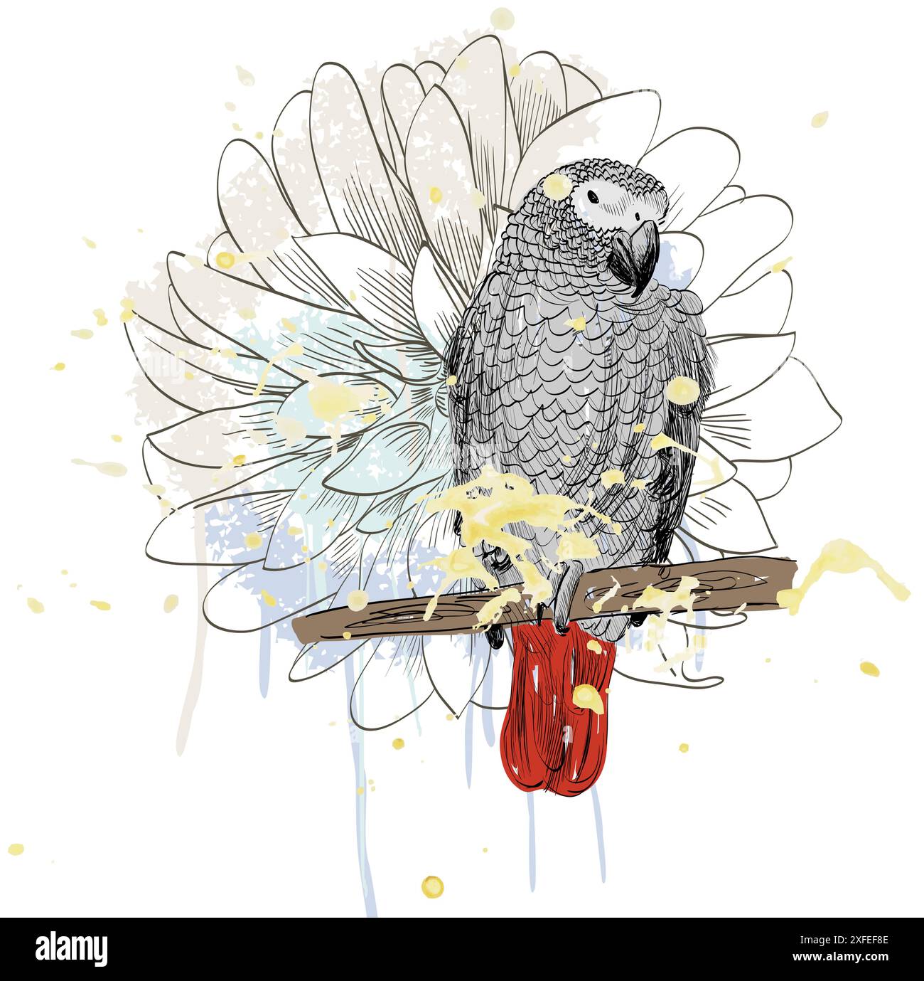 Schizzo vettoriale di un pappagallo con fiore. Illustrazione disegnata a mano Illustrazione Vettoriale