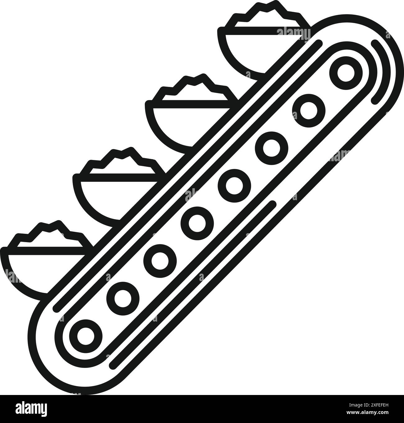 Nastro trasportatore che sposta polveri o materie prime in contenitori aperti, un'icona dei processi industriali Illustrazione Vettoriale