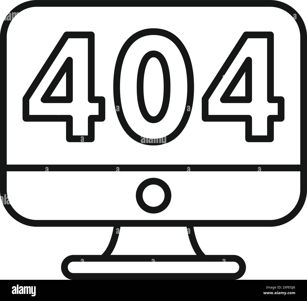 Semplice icona in bianco e nero di un computer desktop che visualizza un messaggio di errore 404 Illustrazione Vettoriale