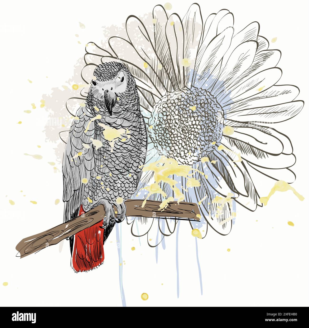 Schizzo vettoriale di un pappagallo con fiore. Illustrazione disegnata a mano Illustrazione Vettoriale