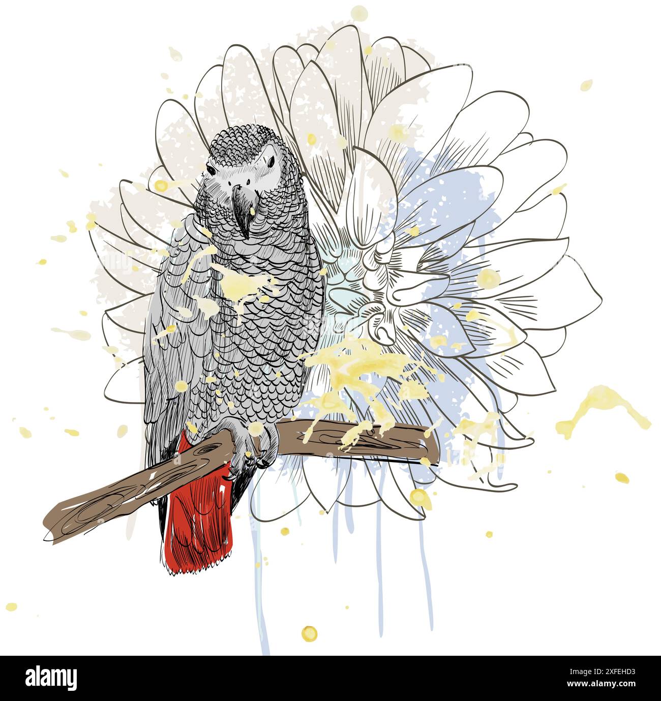 Schizzo vettoriale di un pappagallo con fiore. Illustrazione disegnata a mano Illustrazione Vettoriale