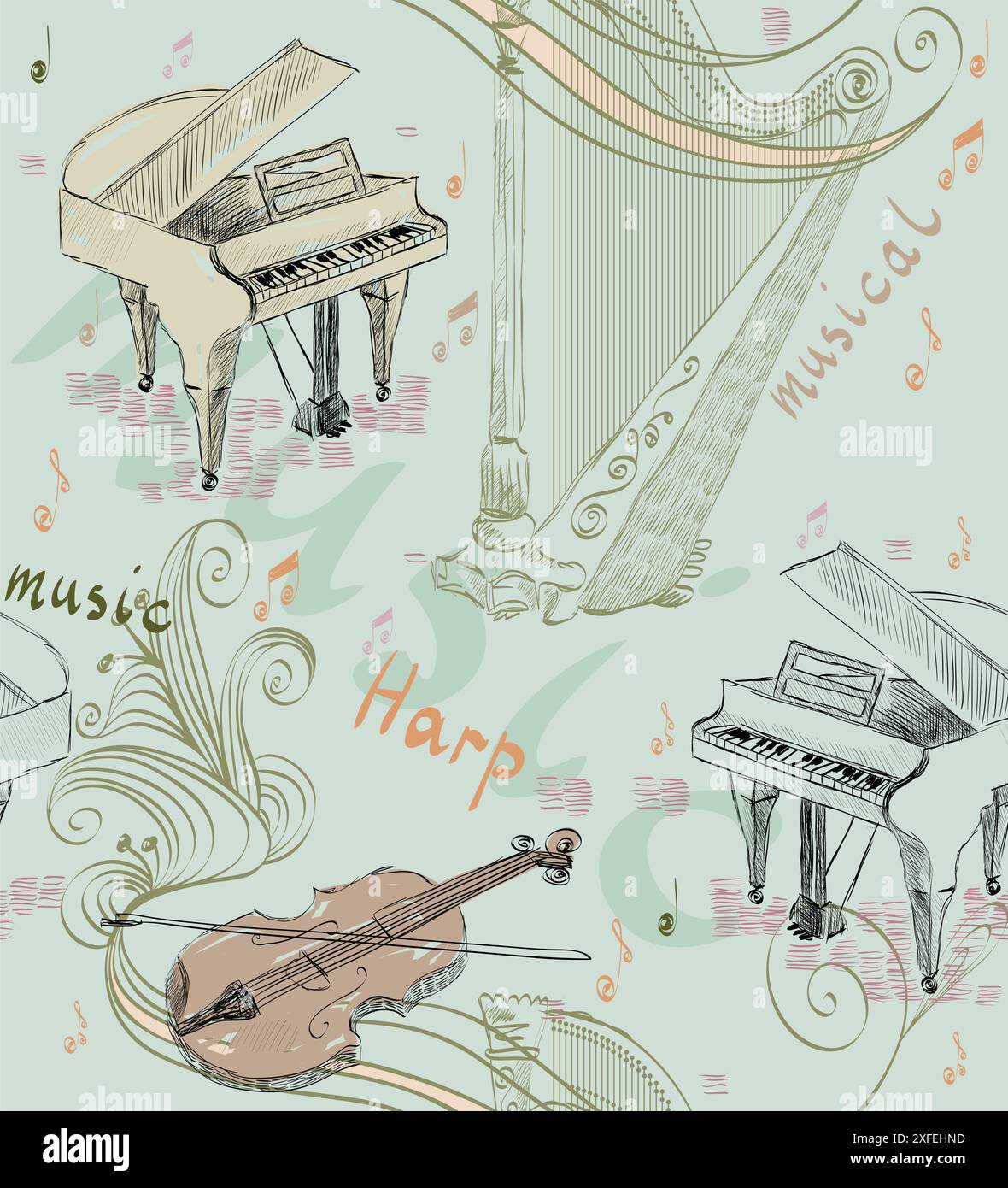 disegno a mano senza cuciture di strumenti musicali classici. Sfondo musicale Illustrazione Vettoriale