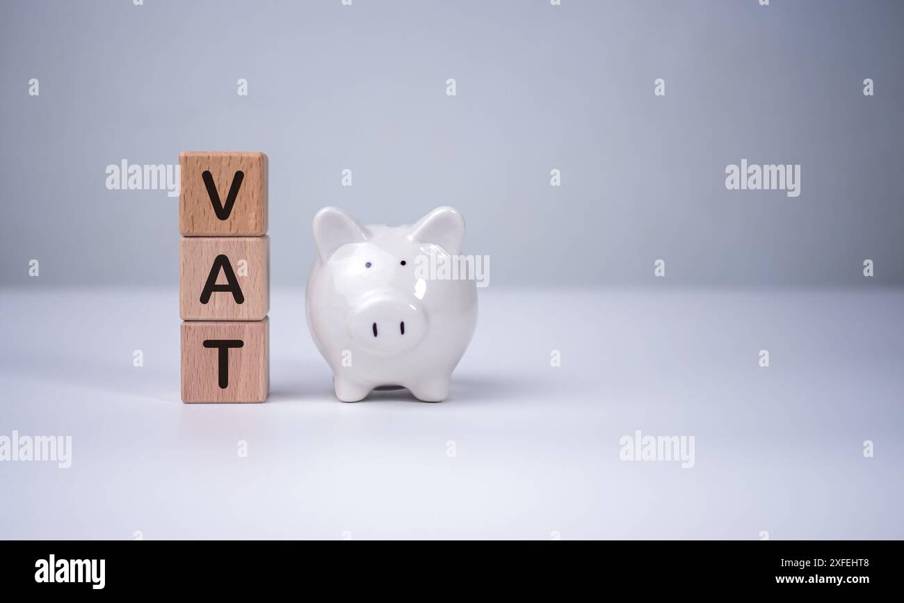 Salvadanaio e blocco di legno con lettere fiscali su di esso e sfondo bianco, pagamento delle tasse, richiesta di detrazione fiscale, riscossione delle tasse. Foto Stock