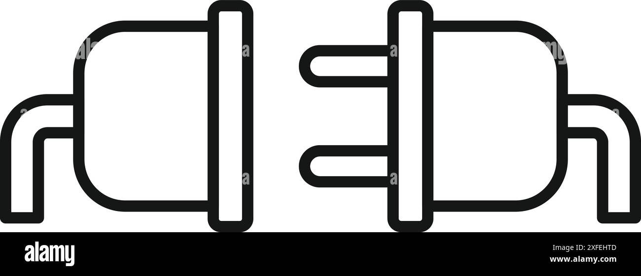 Semplice disegno della linea di una spina e di una presa elettrica, scollegati, che rappresenta una perdita di elettricità o di potenza Illustrazione Vettoriale