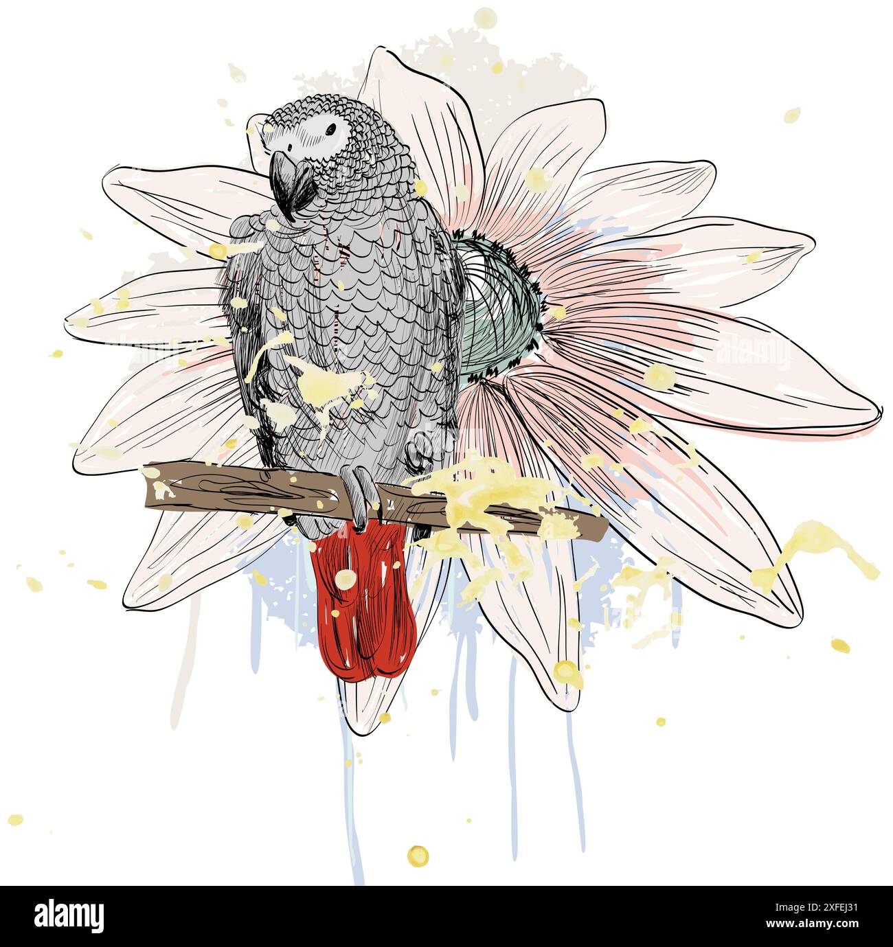 Schizzo vettoriale di un pappagallo con fiore. Illustrazione disegnata a mano Illustrazione Vettoriale