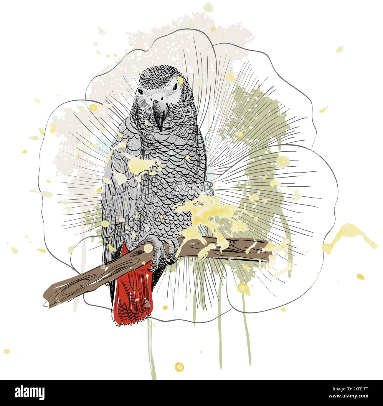 Schizzo vettoriale di un pappagallo con fiore. Illustrazione disegnata a mano Illustrazione Vettoriale