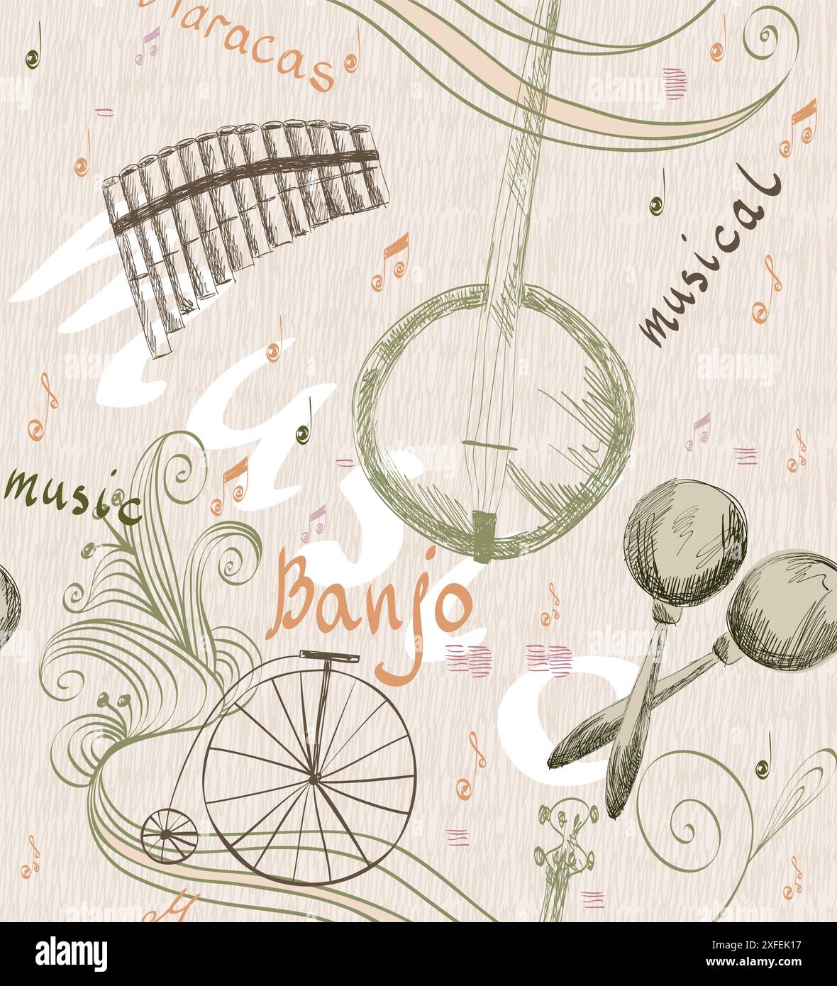 Disegno a mano senza cuciture di strumenti musicali classici. Sfondo musicale Illustrazione Vettoriale