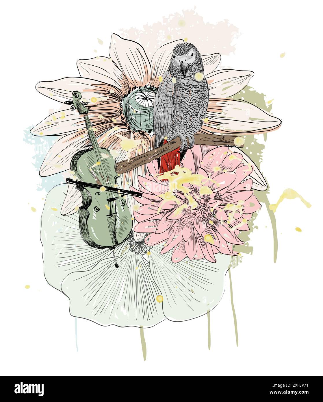 Schizzo di vettore di un pappagallo con fiori. Disegnata a mano illustrazione Illustrazione Vettoriale