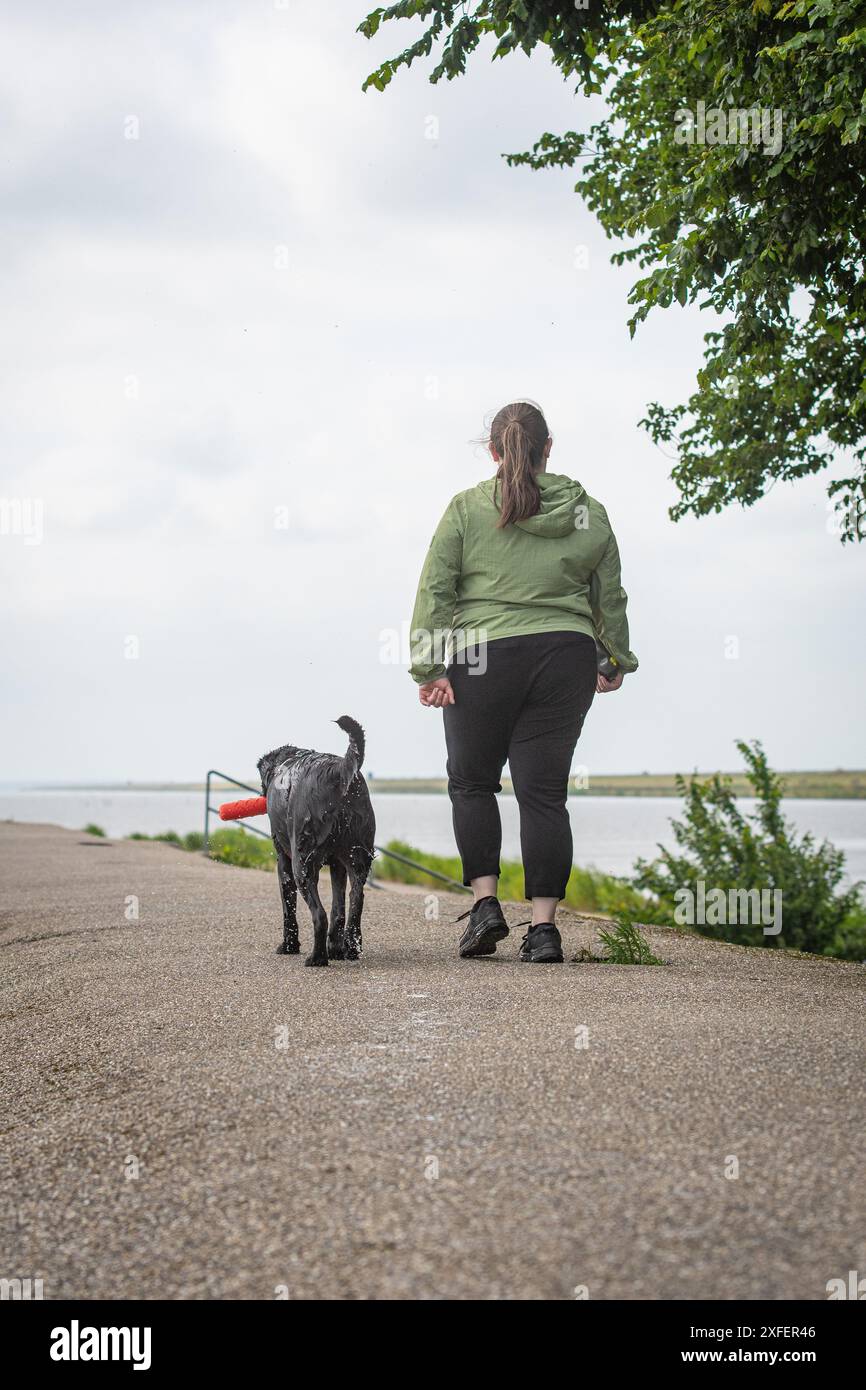 Una donna con un labrador nero che si è allontanata dopo una bella passeggiata e una nuotata sulla spiaggia Foto Stock
