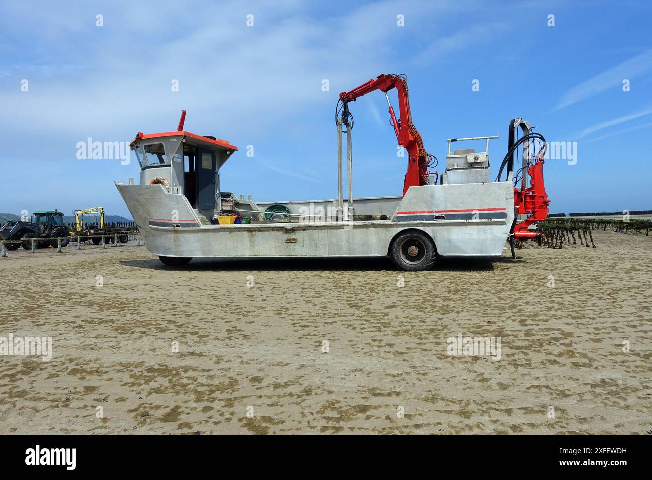 Cozze blu, cozze di baia, cozze comuni, cozze blu comuni (Mytilus edulis), veicolo anfibio in un allevamento di cozze sulla costa con la bassa marea, Francia, Bri Foto Stock