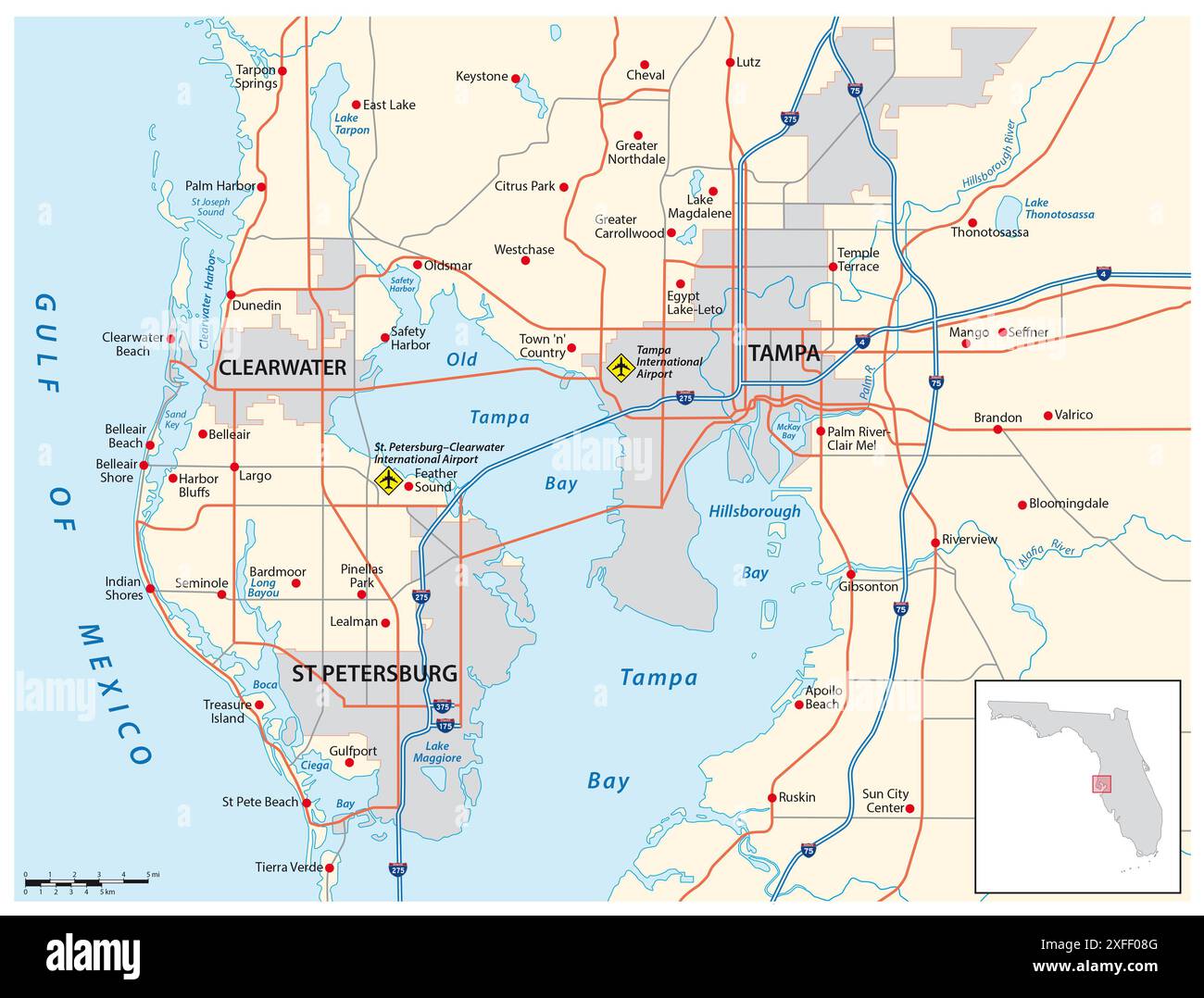 Cartina stradale vettoriale di Tampa Bay area, Florida, Stati Uniti Foto Stock