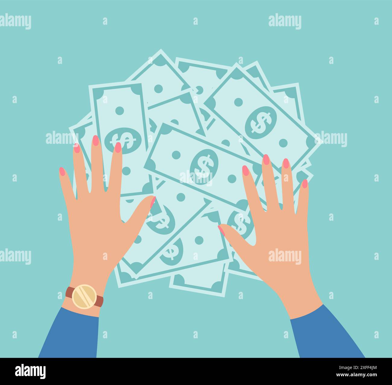 Le mani femminili giacciono su una pila di banconote da un dollaro su sfondo verde, vista dall'alto. Illustrazione vettoriale piatta Illustrazione Vettoriale Le mani femminili giacciono su una pila di banconote da un dollaro su sfondo verde, vista dall'alto. Illustrazione vettoriale piatta Illustrazione Vettoriale