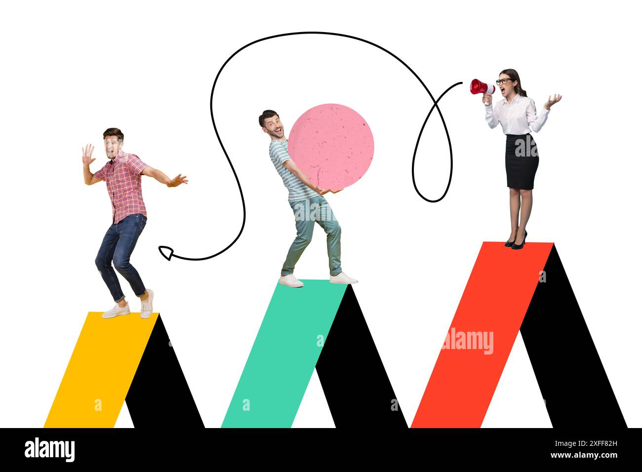 Grafica di tendenza composita schizzo collage di miniature caricature ufficio team spazio di coworking due uomini progetto Lady boss megafono discorso Foto Stock
