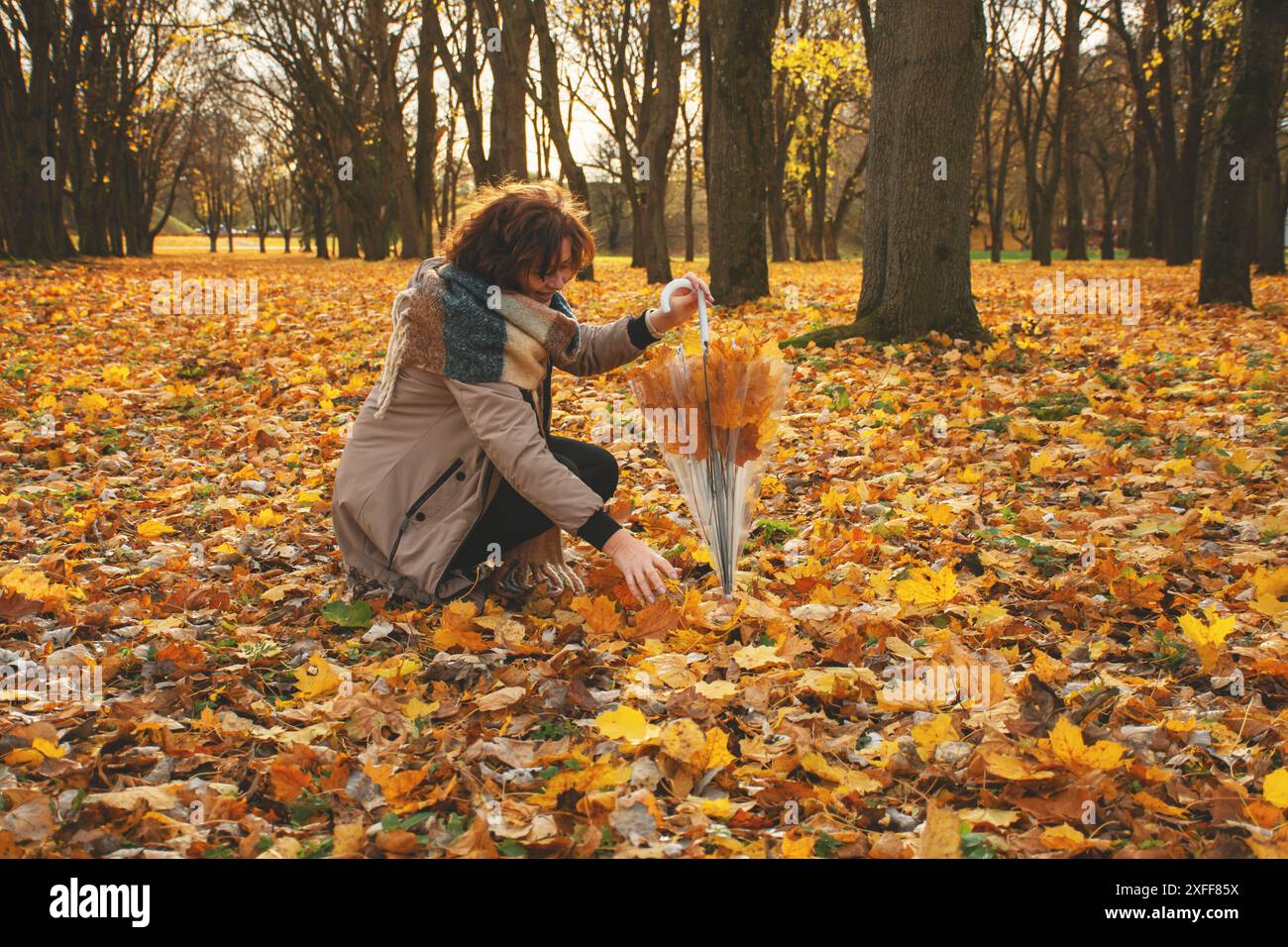 una donna di 50 anni cammina nel parco in autunno in una calda giornata di sole, si siede, raccoglie foglie cadenti e ride Foto Stock