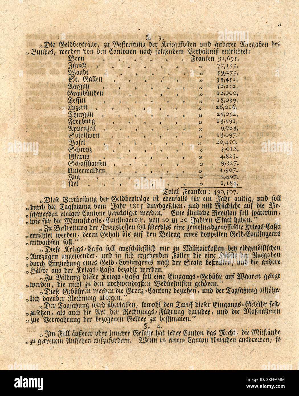 Documento originale del trattato federale - il trattato federale è stato il fondamento giuridico della nuova Confederazione svizzera del 1815. È nato dopo gli interventi delle grandi potenze della Sesta Coalizione che ha sconfitto Napoleone. Der Bundesvertrag von 1815 ist die völkerrechtliche Grundlage der Schweizerischen Eidgenossenschaft. Er definierte einen Staatenbund zwischen 22 unabhängigen Kantonen. Er stellte während der Zeit von Restauration und Regeneration, von 1815 bis zur Bundesverfassung von 1848, Die Rechtsgrundlage der Schweiz dar. Foto Stock